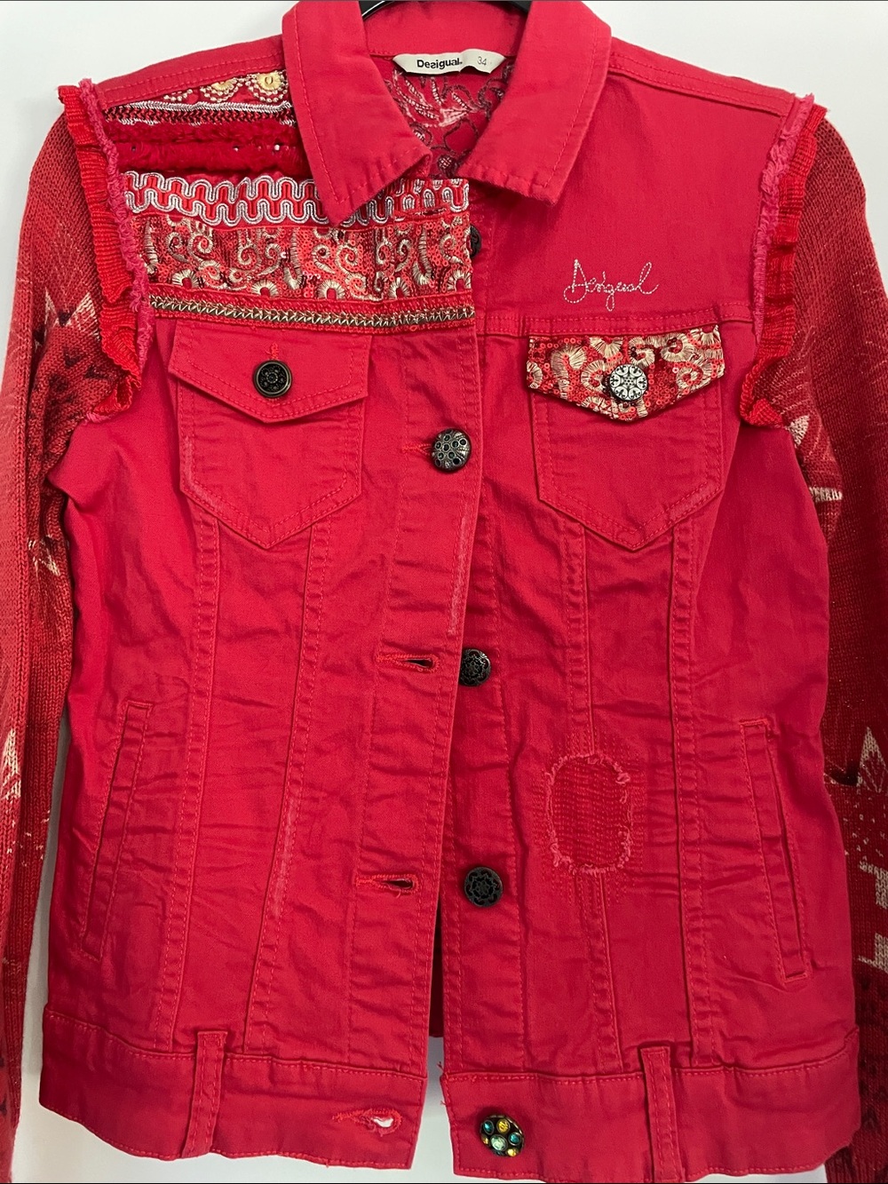 Desigual Red Patchwork Embroidered Sequin Jean Jacket NWOT 34